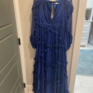 Mac Duggal Royal Blue Ruffled A Line Long Sleeve Dress size 6 needs zipper NWT